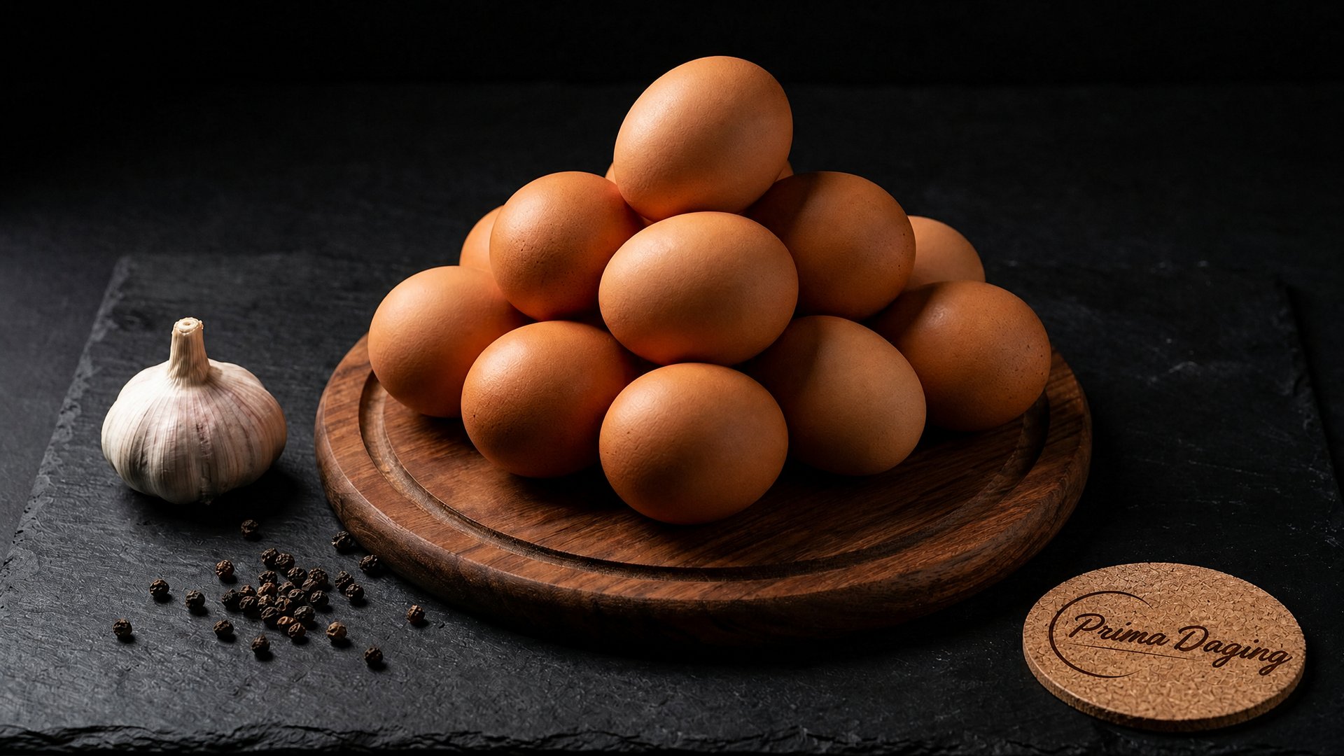 Telur ayam segar Prima Daging di atas talenan kayu